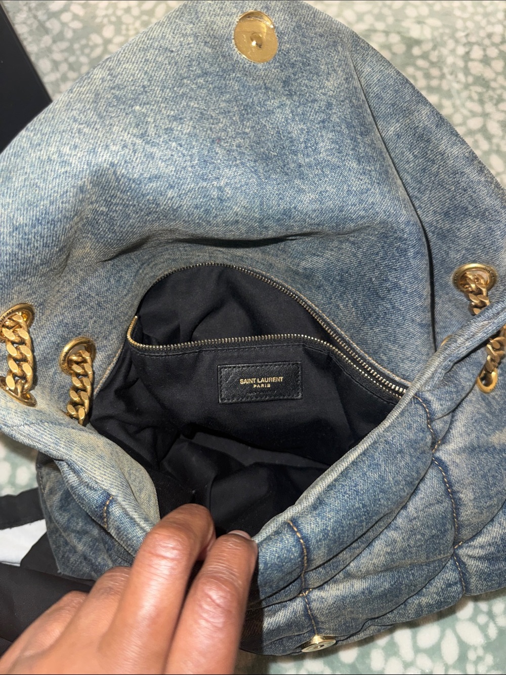 Saint Laurent Denim Quilted Chain Shoulder Bag with Gold YSL Hardware - Picture 4 of 11